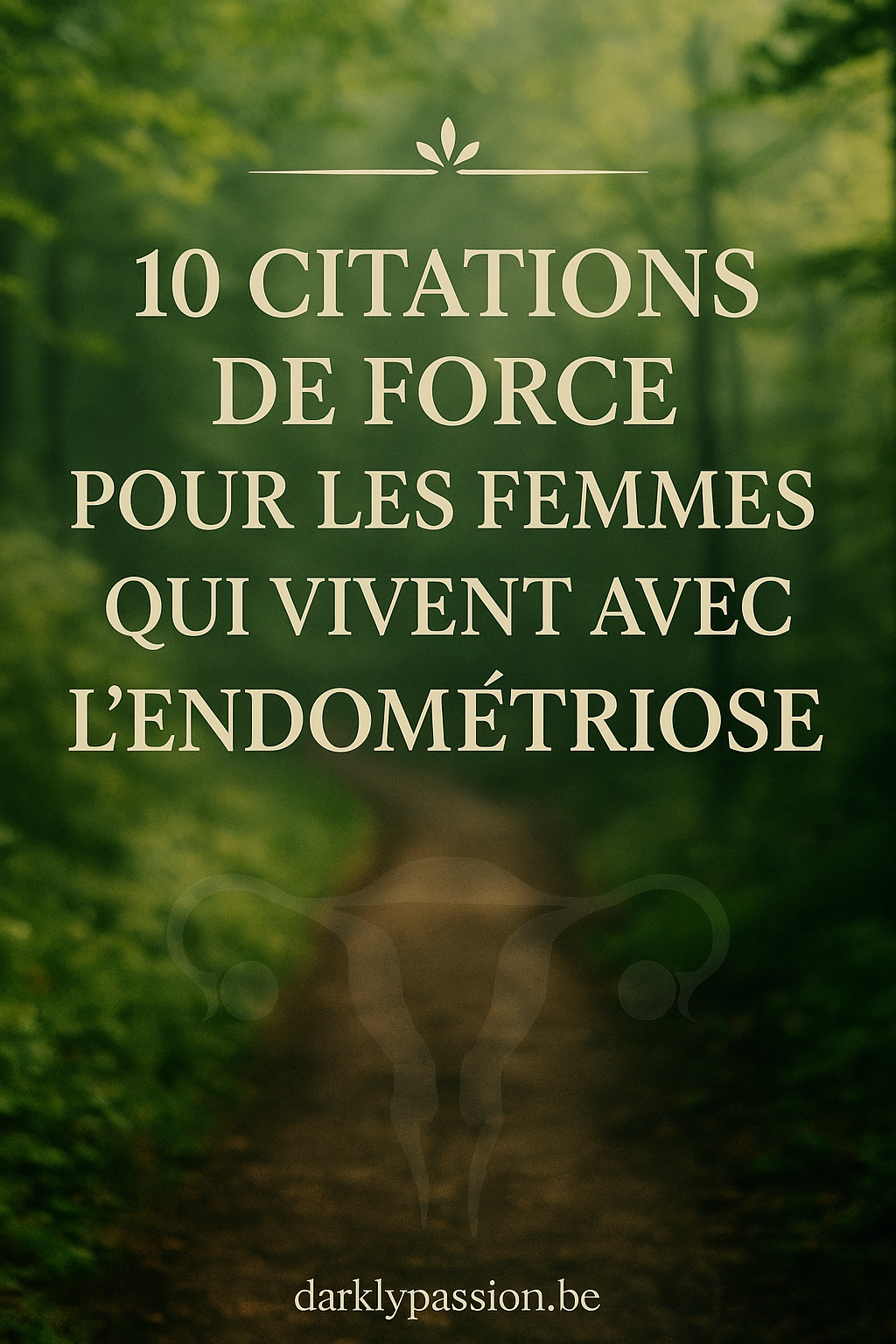 Image de couverture du blog avec le texte : "10 citations de force pour les femmes atteintes d’endométriose" sur fond fantasy rose doux et lumineux, avec l’url darklypassion.be en bas au centre.