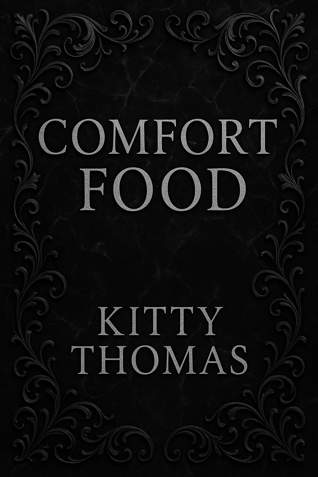 Image artistique sombre inspirée de Comfort Food de Kitty Thomas, avec un fond noir marbré argenté et des arabesques noires et argentées, évoquant l’ambiance psychologique, intense et glaçante du roman.