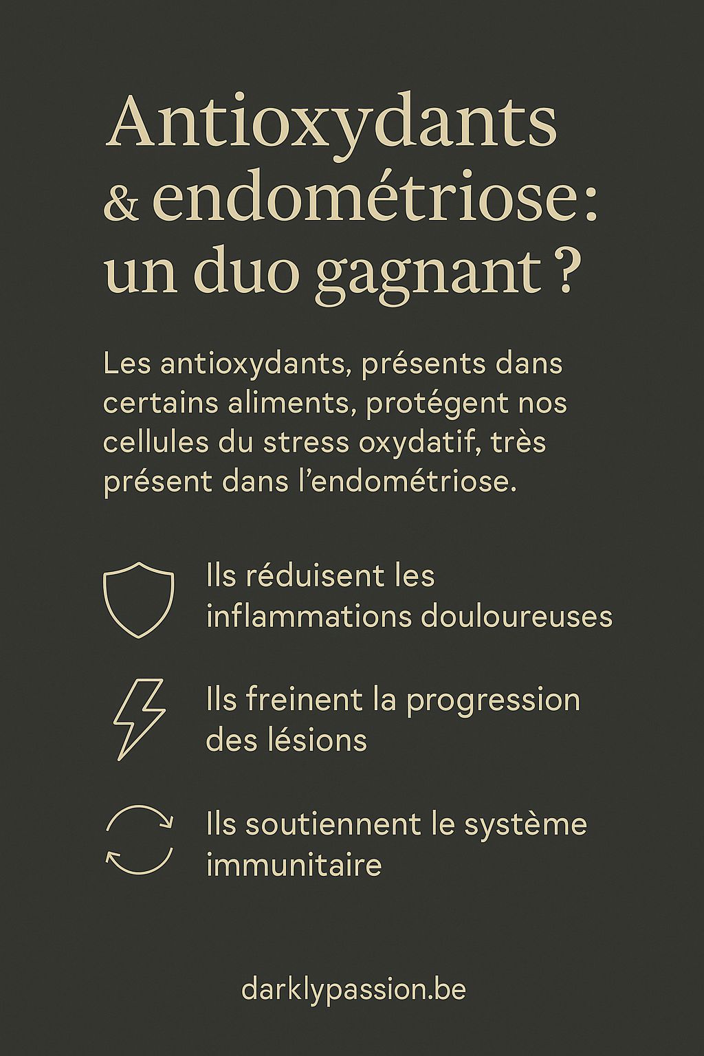 Infographie expliquant les bienfaits des antioxydants pour les personnes atteintes d’endométriose : réduction de l’inflammation, soutien immunitaire et ralentissement des lésions.