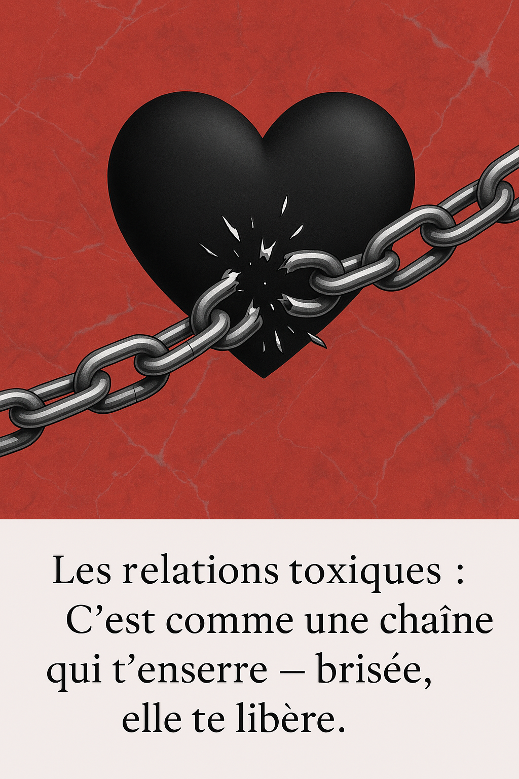 Illustration d’un cœur noir en 3D traversé par une chaîne métallique qui se brise, sur un fond rouge marbré. En dessous, une citation poétique sur les relations toxiques : « Les relations toxiques : c’est comme une chaîne qui t’enserre – brisée, elle te libère. » Image conçue au format vertical