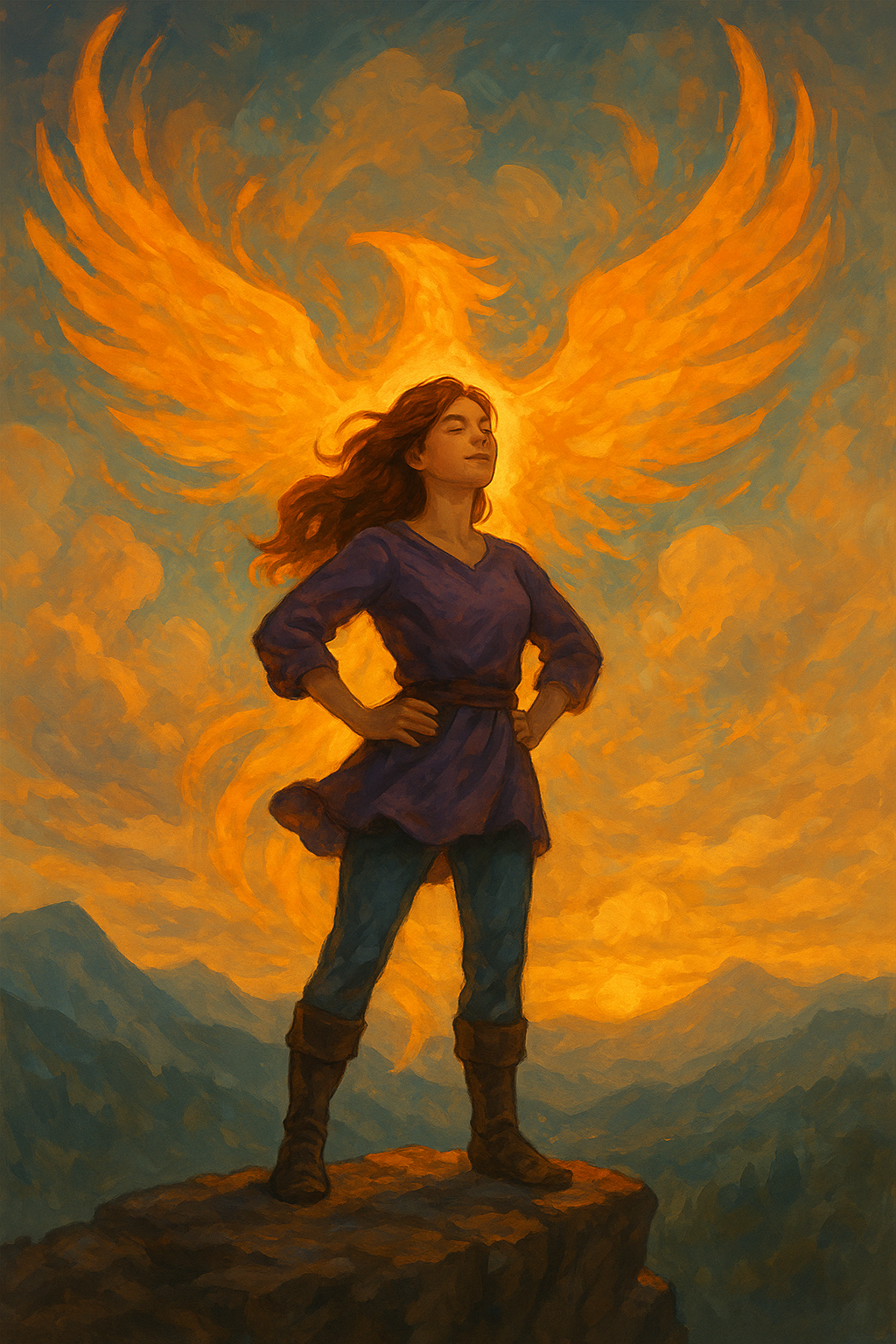 Illustration symbolique d’une femme confiante debout sur un rocher, entourée d’un phoenix lumineux représentant la confiance en soi la renaissance et la force intérieure, dans un univers fantasy.