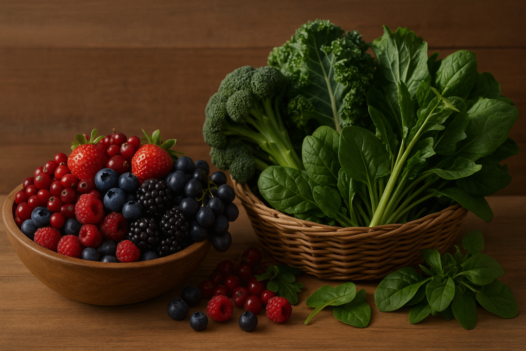 image de fruit rouge et de légumes a feuilles vertes bon pour l‘alimentation antiinflammatoire et l‘endométriose
