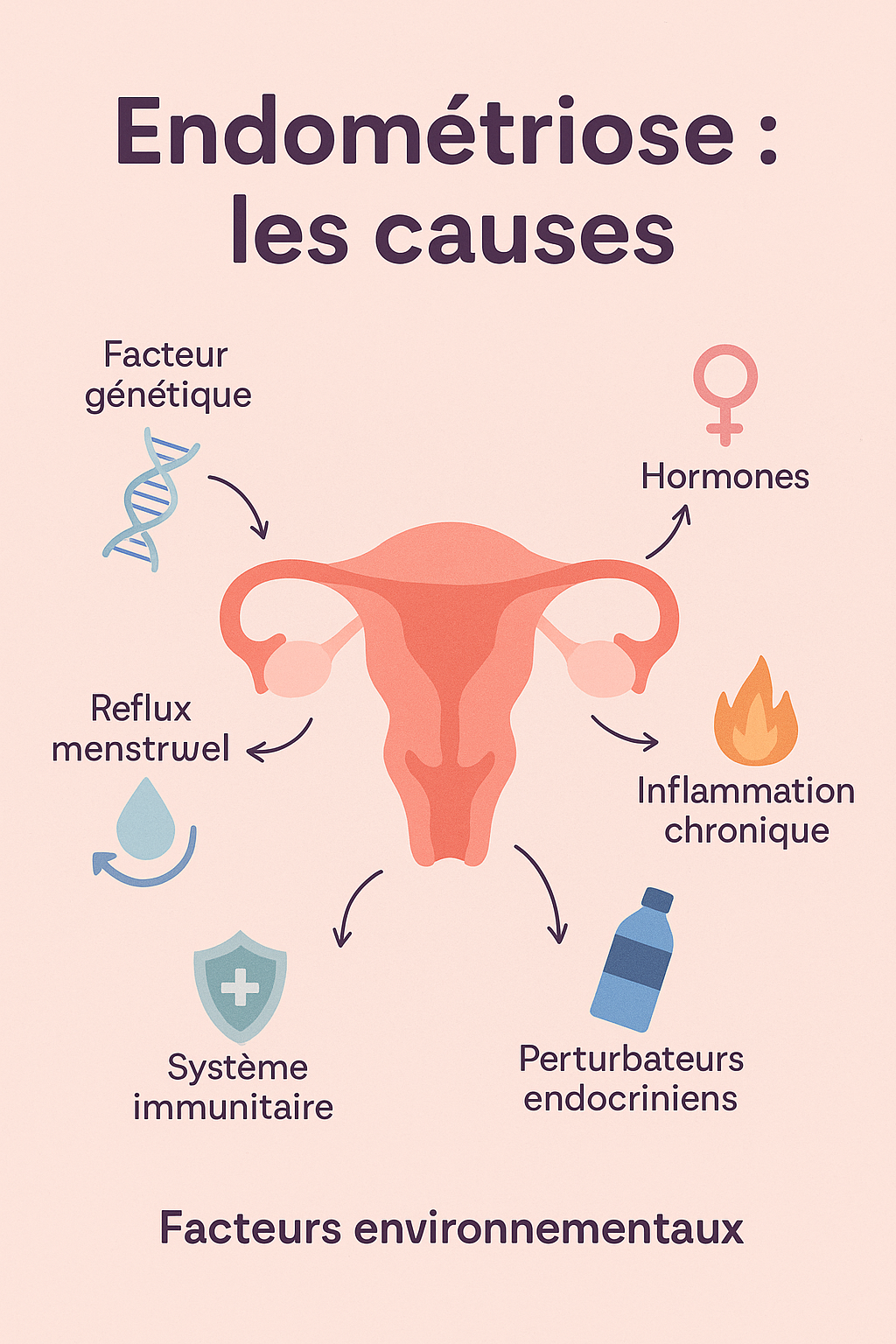 Illustration colorée en style plat représentant plusieurs causes supposées de l’endométriose : génétique, hormones, immunité, perturbateurs endocriniens, stress et inflammation. Chaque élément est représenté par une icône symbolique sur un fond doux et apaisant.