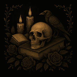 Illustration gothique représentant un crâne humain posé sur des livres anciens, entouré de bougies, de roses noires et d’un corbeau, symbolisant la lecture, l’écriture sombre et l’univers littéraire mystérieux.