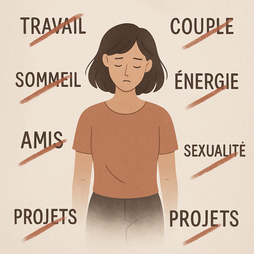 Illustration symbolique d’une femme entourée d’icônes représentant les impacts de l’endométriose : santé, travail, énergie, sexualité, relations, tous barrés pour illustrer les limitations que la maladie impose dans le quotidien.