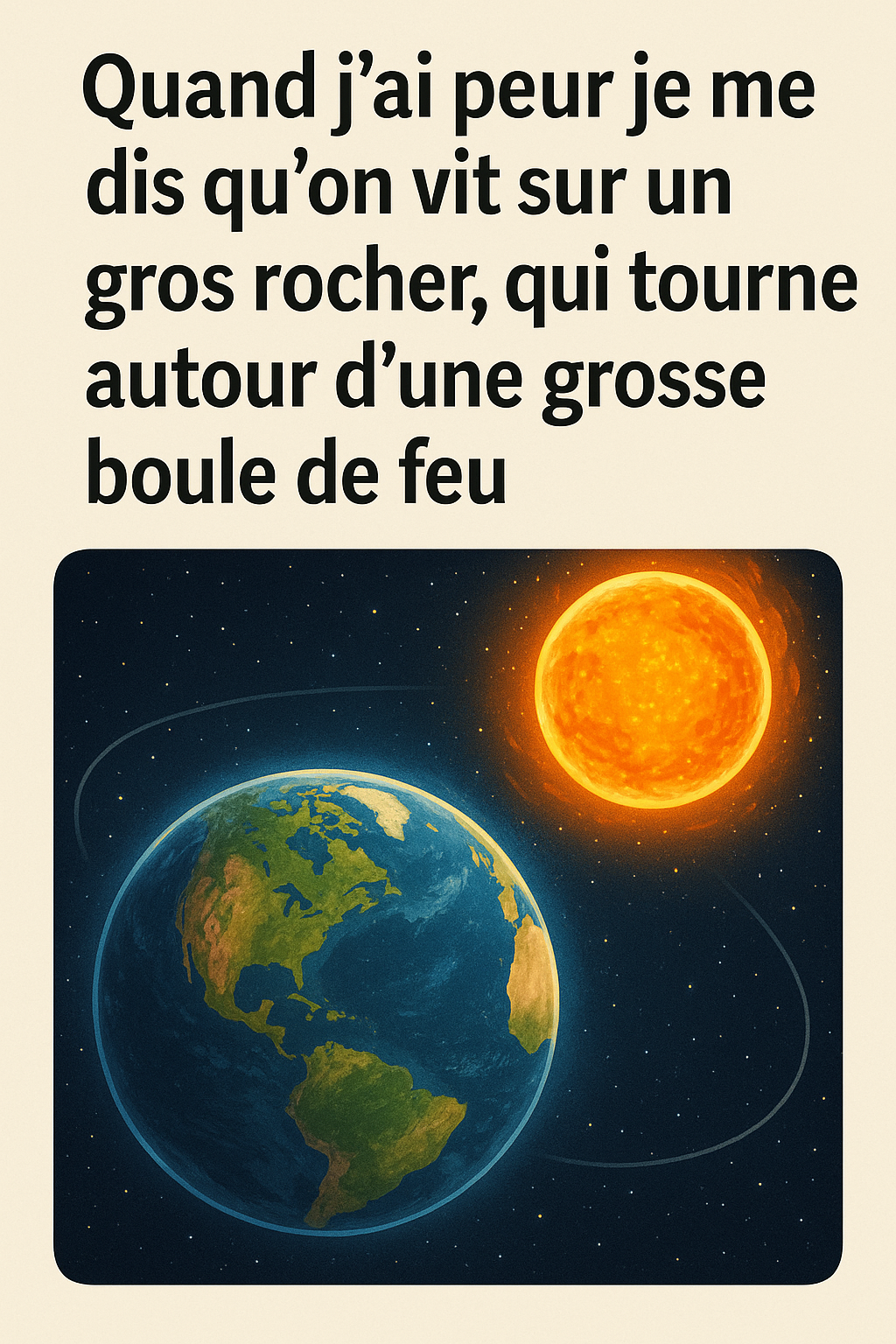 Illustration de la Terre en orbite autour du Soleil, avec une citation en français disant : "Quand j’ai peur je me dis qu’on vit sur un gros rocher, qui tourne autour d’une grosse boule de feu". Image inspirante pour relativiser ses peurs.