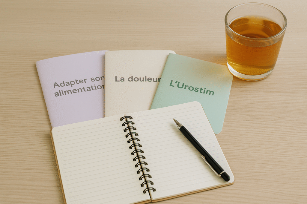 Vue d’une table avec des livrets sur l’endométriose, un carnet de notes, un stylo et une tasse de tisane, symbolisant la journée d’accompagnement au centre spécialisé.