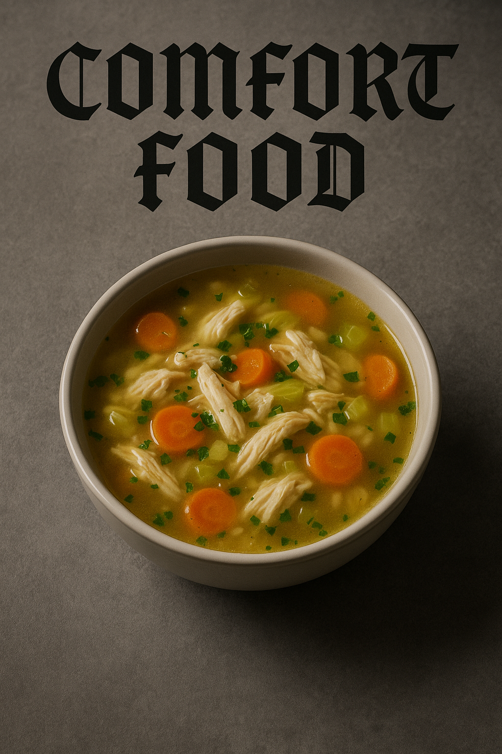 Bol de soupe de poulet fumante posé sur un sol gris, dans une lumière tamisée évoquant l’ambiance oppressante du roman « Comfort Food » de Kitty Thomas, où la nourriture devient un outil de contrôle autant que de réconfort.