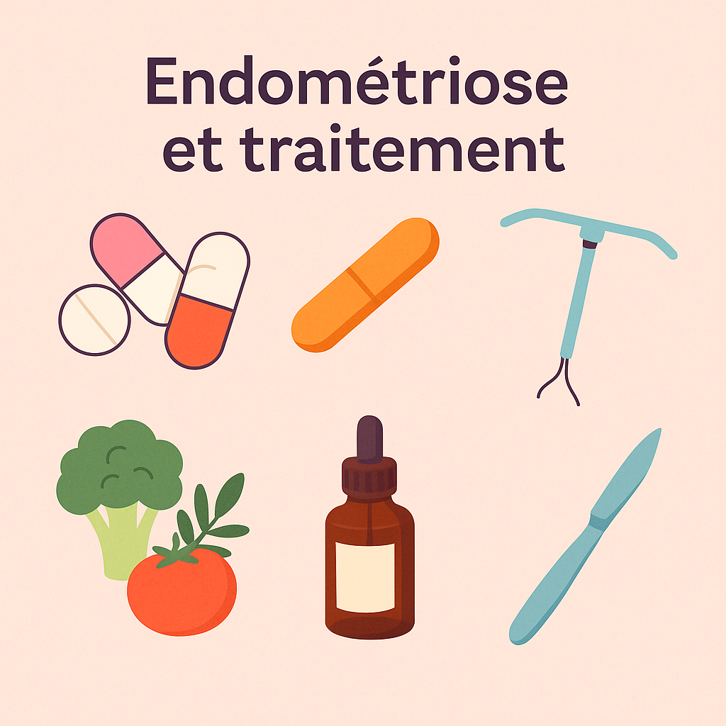 Illustration douce et colorée représentant les différents traitements de l’endométriose : pilules, implant, stérilet, scalpel, alimentation saine et gouttes de phytothérapie, sur fond rose poudré. Le titre "Endométriose et traitement" est centré en haut de l’image.