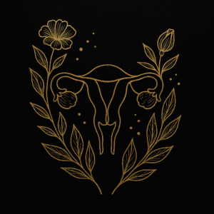 Illustration dorée d’un utérus stylisé entouré de fleurs et de feuillages sur fond noir, représentant de manière symbolique l’endométriose avec une esthétique élégante et gothique.
