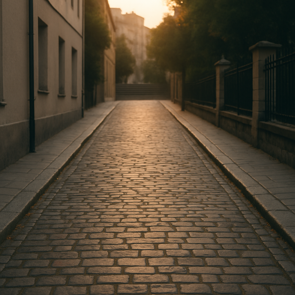Rue vide en pente douce avec un à marcher, lumière de fin de journée. Une métaphore visuelle de la difficulté de sortir lors d'une crise d’endométriose.