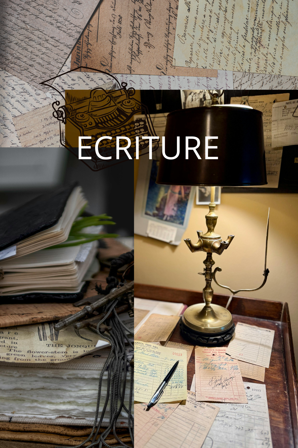 Plusieurs images vintage d'écriture sont transposé l'une sur l'autre et au milieu en blanc est écrit "écriture"