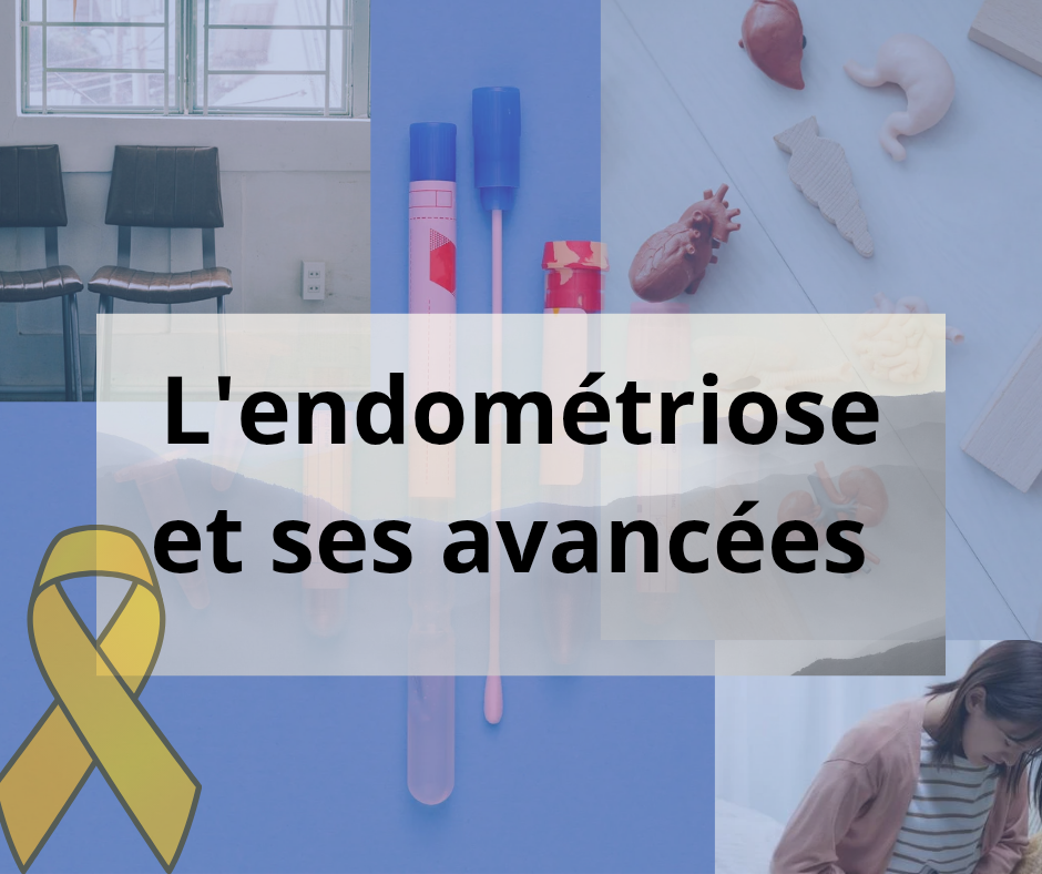 « Montage visuel sur le thème de l’endométriose comprenant des éléments médicaux (tubes, modèles anatomiques), une salle d’attente, une femme penchée en avant avec douleur, et un ruban jaune symbole de l’endométriose. Au centre, un encadré transparent affiche le titre : “L’endométriose et ses avancées”. »